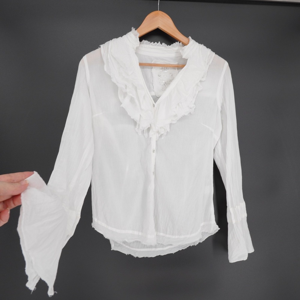 Cino Button Front Blouse Womens S White Cotton Ruffle Bell Sleeve Boho Fairycore